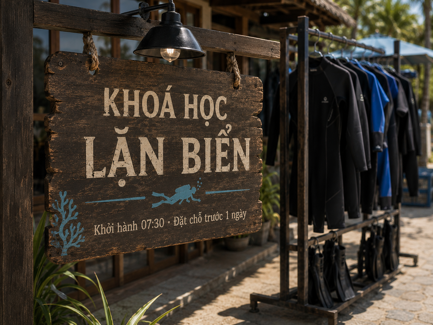 Bảng hiệu gỗ trước cửa trung tâm lặn với dòng chữ tiếng Việt giới thiệu khoá học